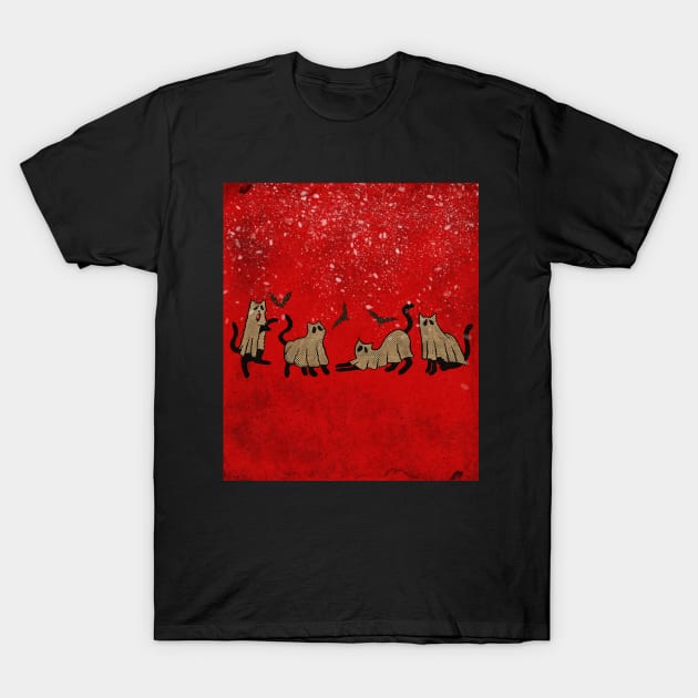 cat horror in carpet red in snow T-Shirt by genomilo